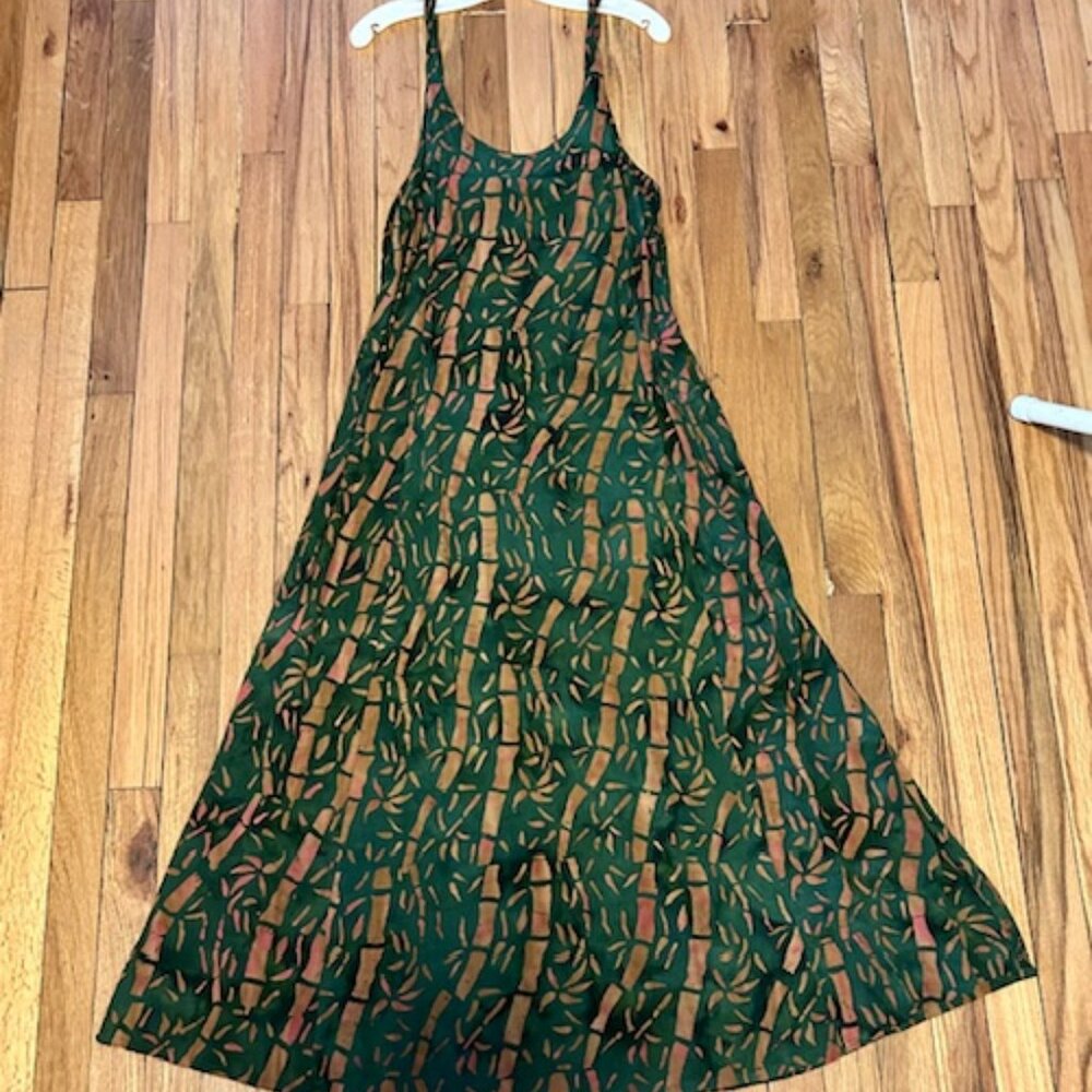 Dragonfly Import Maxi Summer Dress in Green and Tan, Size Large
